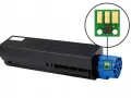 Czarny toner OKI MB472 z niebieską końcówką i zbliżeniem na chip.