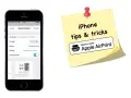 Ekran iPhone'a z opcjami drukowania, pokazujący drukarkę HP LaserJet Pro M201d i ustawienia dwustronne. Obok żółta karteczka z napisem "iPhone tips & tricks" i logo "Works with Apple AirPrint".