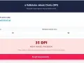Kalkulator DPI pokazuje niską jakość wydruku (35 DPI) dla zdjęcia PRO-4100-canon.webp o wymiarach 70x50 cm. Sugeruje zmniejszanie zdjęć lub wybór innego pliku.