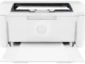 Biała drukarka HP LaserJet M12w z wysuniętą tacką na papier i włożonymi kartkami.