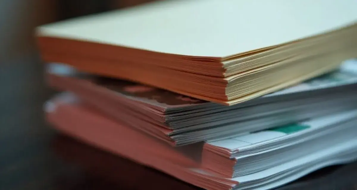 Stosy papierów o różnej grubości, od jasnych kartek po grubsze, kolorowe okładki.