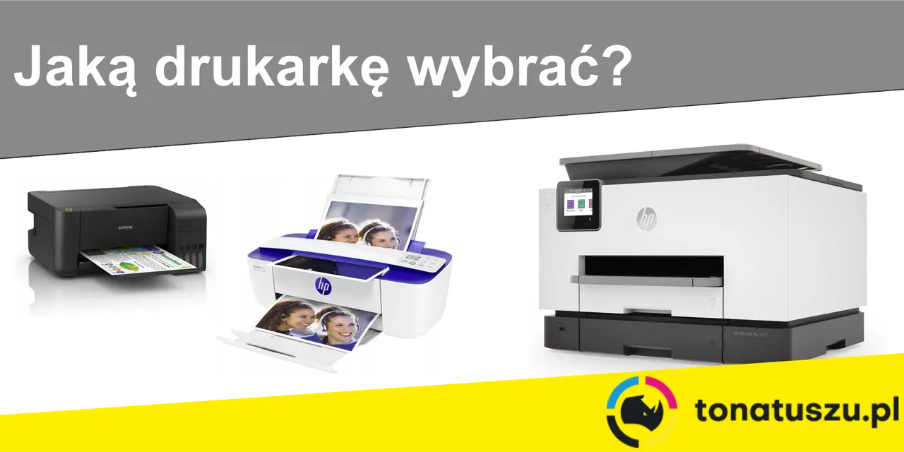 Różne rodzaje drukarek: czarna Epson, biało-niebieska HP drukująca zdjęcia, biała HP OfficeJet Pro 9020.