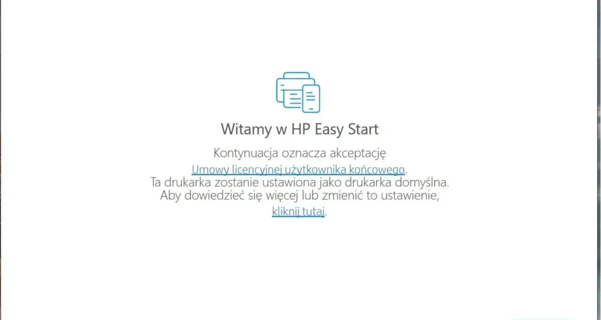 Ekran powitalny HP Easy Start do instalacji drukarki HP LaserJet P1102. Kliknij "Kontynuuj" aby zaakceptować warunki.
