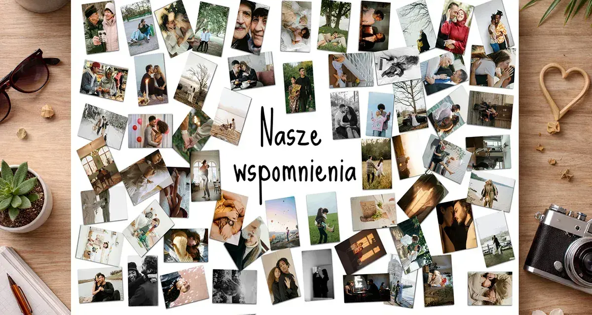 Kolaż zdjęć "Nasze wspomnienia" to świetny pomysł, jak wydrukować plakat z ważnymi chwilami.