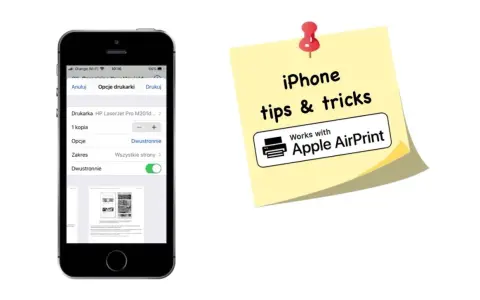 Ekran iPhone'a z opcjami drukowania, pokazujący drukarkę HP LaserJet Pro M201d i ustawienia dwustronne. Obok żółta karteczka z napisem "iPhone tips & tricks" i logo "Works with Apple AirPrint".