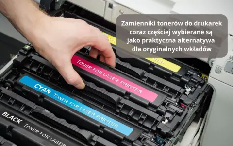 Wkładanie różowego tonera do drukarki Konica Minolta C360. Obok widoczne wkłady cyan i black.