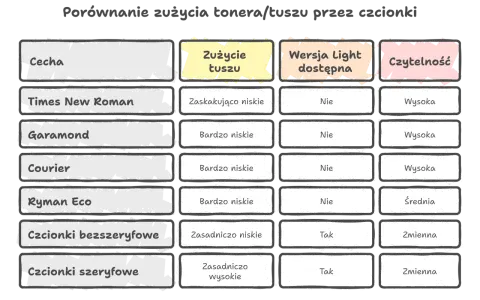 Porównanie zużycia tuszu przez ładne czcionki: Times New Roman, Garamond, Courier, Ryman Eco, bezszeryfowe i szeryfowe.