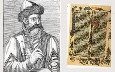 Portret Johannesa Gutenberga obok jego słynnej Biblii. Wynalazca druku.