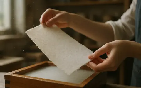Ręce wyjmują świeżo wykonany papier czerpany z drewnianej ramy. Proces tworzenia papieru czerpanego jak zrobić jest fascynujący.