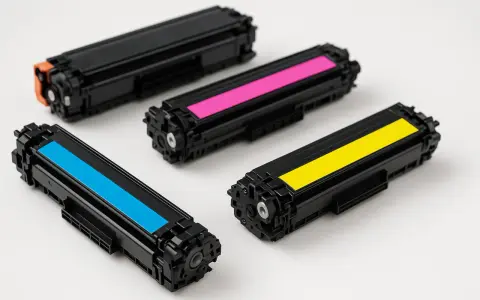 Cztery kolorowe tonery do drukarki: czarny, cyjan, magenta i żółty. To właśnie toner co to jest, proszek do druku.