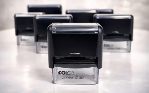 Kilka czarnych pieczątek COLOP printer C 30 ustawionych w rzędzie. Zastanawiasz się, ile trwa wyrobienie pieczątki?