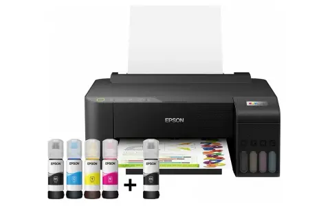 Drukarka Epson z systemem Ecotank, ceniona marka drukarek, w zestawie z butelkami z tuszem.