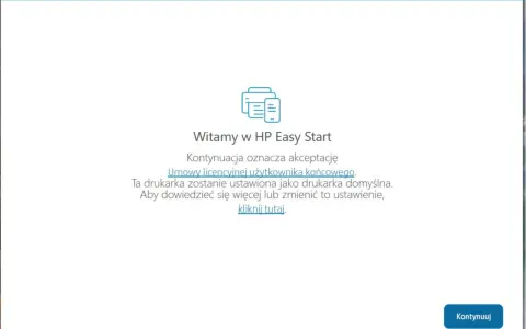 Ekran powitalny HP Easy Start do instalacji drukarki HP LaserJet P1102. Kliknij "Kontynuuj" aby zaakceptować warunki.