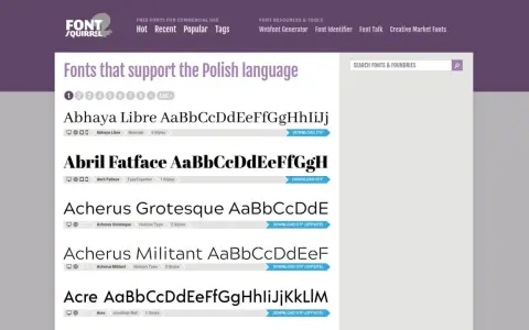 Strona Font Squirrel prezentuje czcionki z polskimi znakami, takie jak Abhaya Libre, Abril Fatface i Acherus.