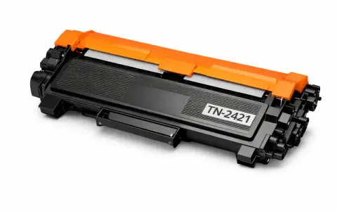 Czarny toner Brother TN-2421 z pomarańczowymi elementami, gotowy do resetu i ponownego użycia.
