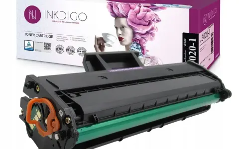 Toner do Xerox WorkCentre 3025bi, marki Inkdigo, z zielonym wałkiem i pomarańczowym zabezpieczeniem. Opakowanie z grafiką kobiety.