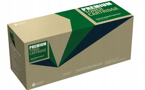 Pudełko z tonerem premium do drukarki laserowej, kompatybilne z bizhub c220. Zielono-granatowy wzór na brązowym tle.