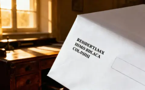 Biała koperta z tekstem "RESIDENTLMAX NIJMO BDLACA COLDSiHi" leży na biurku. Gdzie znaczek na kopercie?