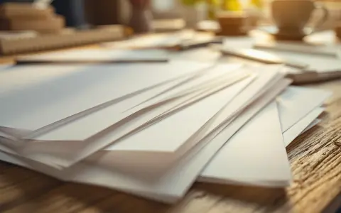 Stos białych kartek o różnej gramaturze papieru leży na drewnianym blacie.