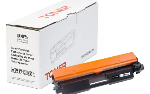 Pomarańczowy toner CF217A, idealny do drukowania wysokiej jakości. Opakowanie z napisem "TONER" i gwarancją 100% jakości.