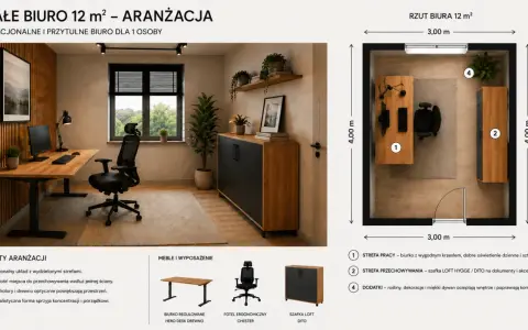 Funkcjonalne biuro z miejscem na drukarkę, gdzie drewno i jasne kolory tworzą przytulną atmosferę.