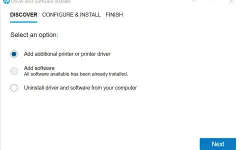Instalator HP Driver and Software Installer. Wybierz opcję: Dodaj drukarkę lub sterownik drukarki, np. sterownik HP 1018.