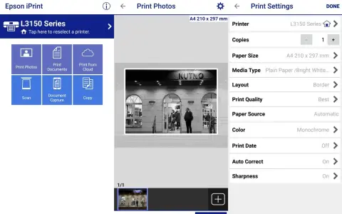 Aplikacja Epson iPrint pokazuje, jak połączyć drukarkę Epson z telefonem, wybierając drukarkę L3150 Series i ustawienia drukowania.