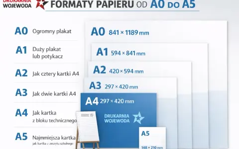 Porównanie formatów papieru od A0 do A5. A4 to jak kartka z bloku technicznego, a A5 to pół kartki A4.