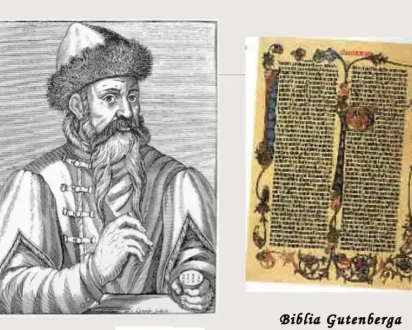 Portret Johannesa Gutenberga obok jego słynnej Biblii. Wynalazca druku.