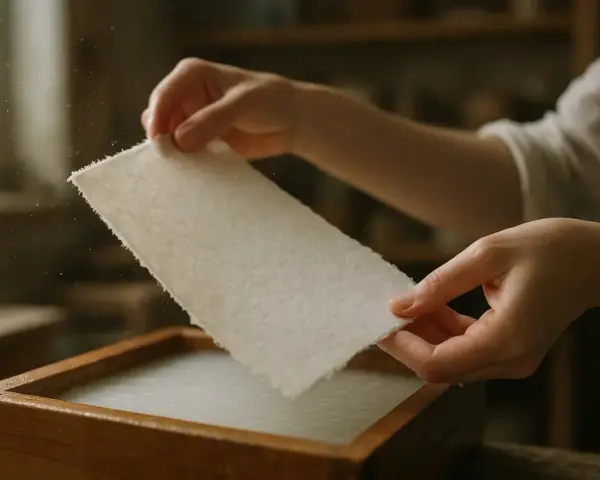 Ręce wyjmują świeżo wykonany papier czerpany z drewnianej ramy. Proces tworzenia papieru czerpanego jak zrobić jest fascynujący.