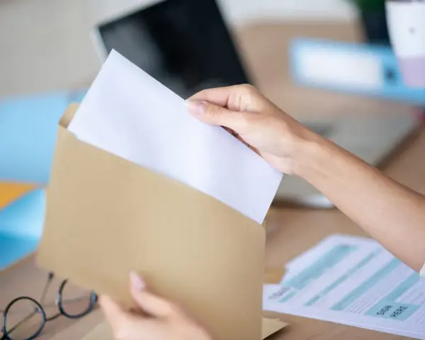 Dłoń wkłada biały papier do brązowej koperty. Wzór adresowania koperty A4 jest gotowy do wypełnienia.