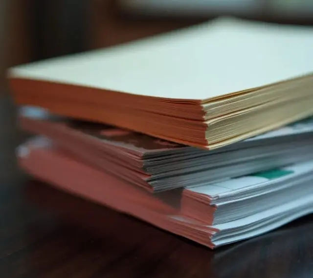 Stosy papierów o różnej grubości, od jasnych kartek po grubsze, kolorowe okładki.