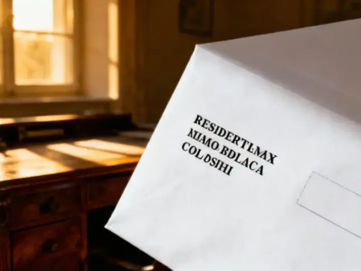 Biała koperta z tekstem "RESIDENTLMAX NIJMO BDLACA COLDSiHi" leży na biurku. Gdzie znaczek na kopercie?