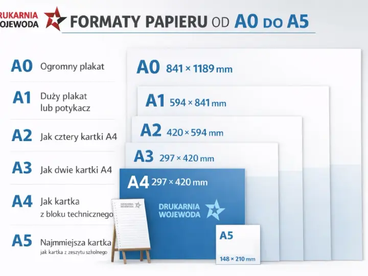 Porównanie formatów papieru od A0 do A5. A4 to jak kartka z bloku technicznego, a A5 to pół kartki A4.