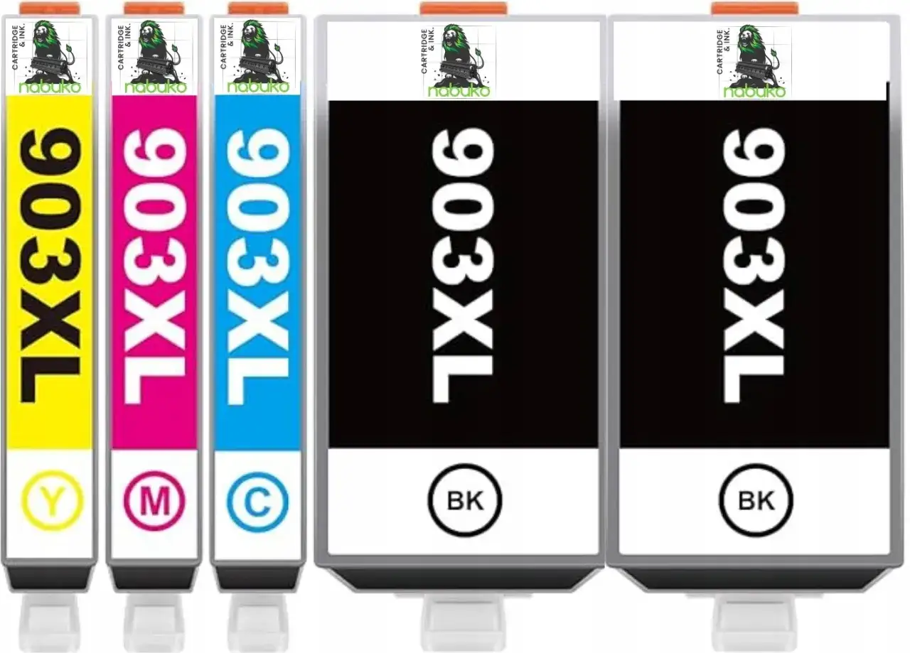 Zestaw tuszów 903XL do drukarki HP OfficeJet: żółty, magenta, cyjan i dwa czarne.