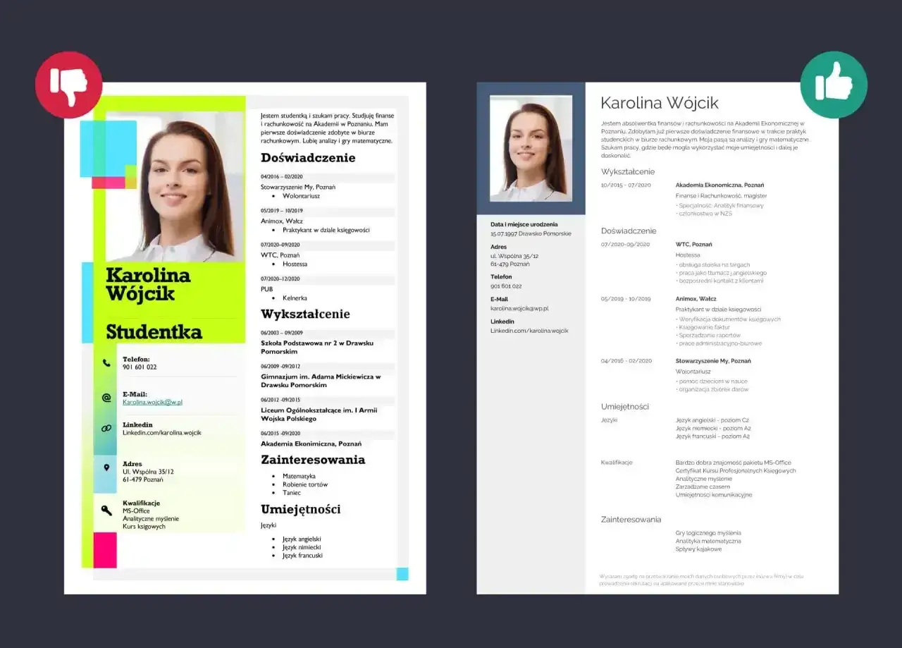 CV dwustronne Karoliny Wójcik, studentki finansów i rachunkowości, z doświadczeniem w księgowości i zainteresowaniami matematycznymi.