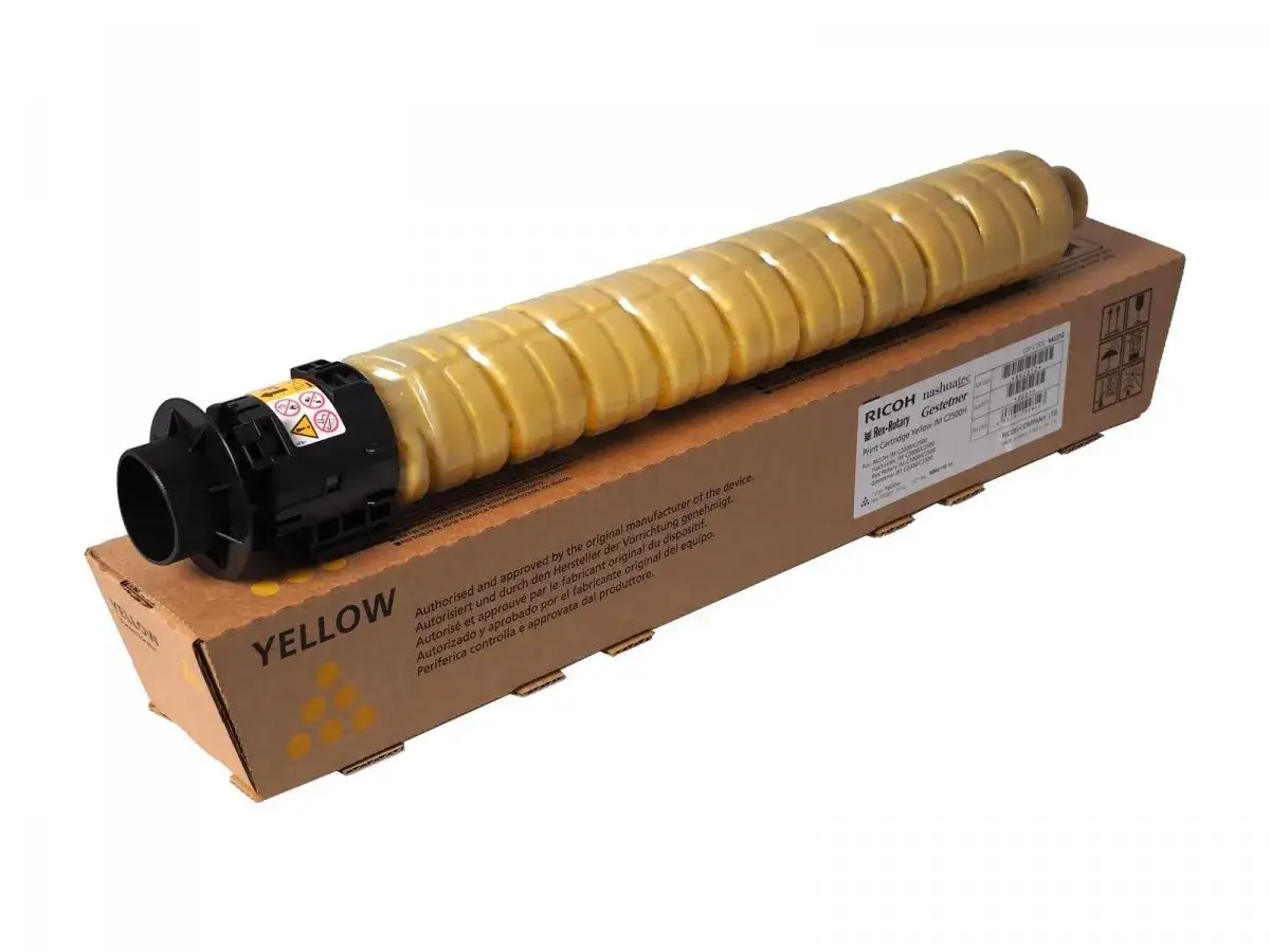 Żółty toner do drukarki Ricoh M C2500H, zapakowany w kartonowe pudełko.