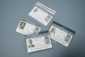 Identyfikatory medyczne po laminowaniu dokumentów, z imionami lekarzy i ich zdjęciami.