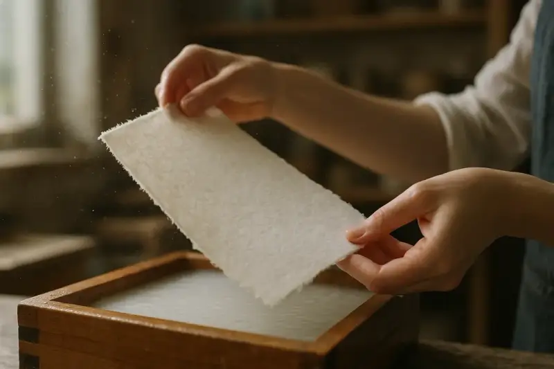 Ręce wyjmują świeżo wykonany papier czerpany z drewnianej ramy. Proces tworzenia papieru czerpanego jak zrobić jest fascynujący.
