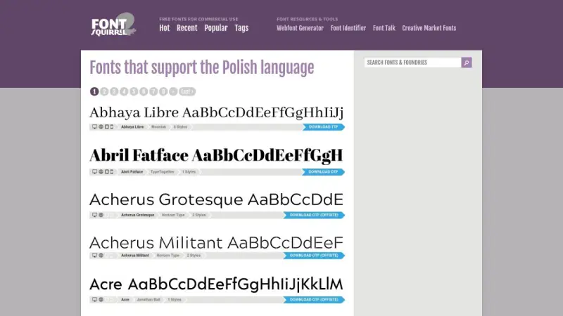 Strona Font Squirrel prezentuje czcionki z polskimi znakami, takie jak Abhaya Libre, Abril Fatface i Acherus.