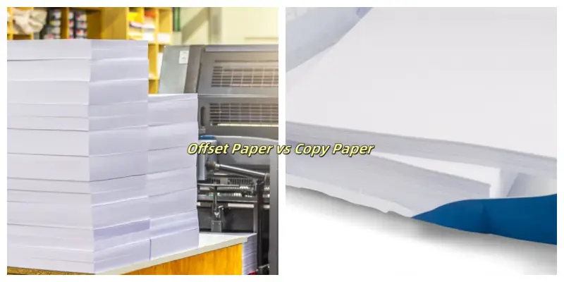 Stosy papieru offsetowego i kserograficznego, ukazujące różnice w fakturze papieru.