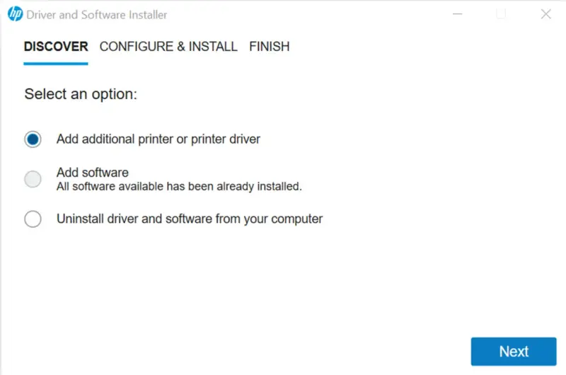 Instalator HP Driver and Software Installer. Wybierz opcję: Dodaj drukarkę lub sterownik drukarki, np. sterownik HP 1018.